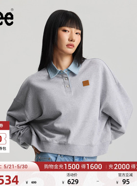 Lee商场同款26宽松版牛仔面料拼接复古polo衬衫领花灰色女卫衣潮