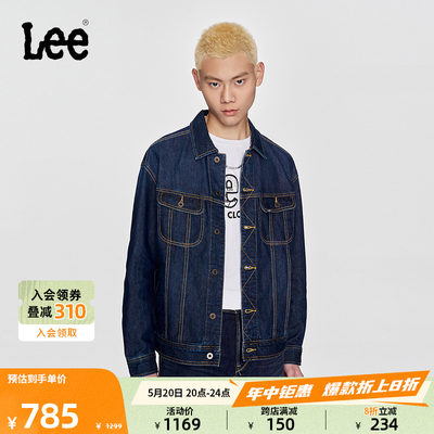 Lee深蓝色Logo翻领男牛仔夹克