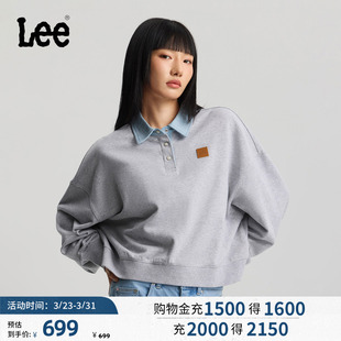 领花灰色女卫衣潮 牛仔面料拼接复古polo衬衫 Lee商场同款 26宽松版