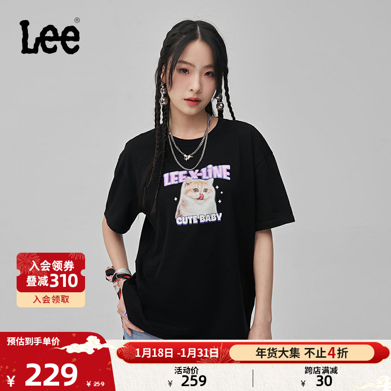 Lee24早春新品舒适男友风猫咪图片印花女短袖T恤LWT0082504LE-K11