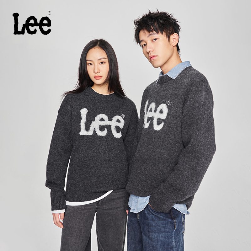 Lee韩国设计舒适版圆领提花大Logo男女同款情侣装毛衣休闲潮流