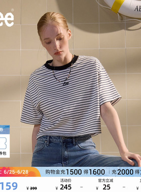 Lee商场同款舒适男友风条纹撞色刺绣圆领黑色女短款短袖T恤休闲潮