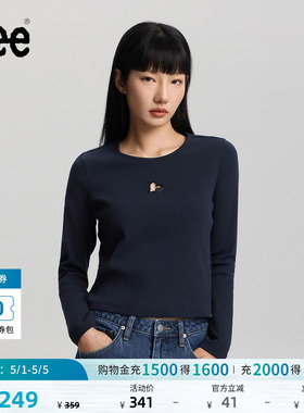 Lee26春夏新品修身版型圆领心形镂空设计藏青色女长袖T恤休闲显瘦