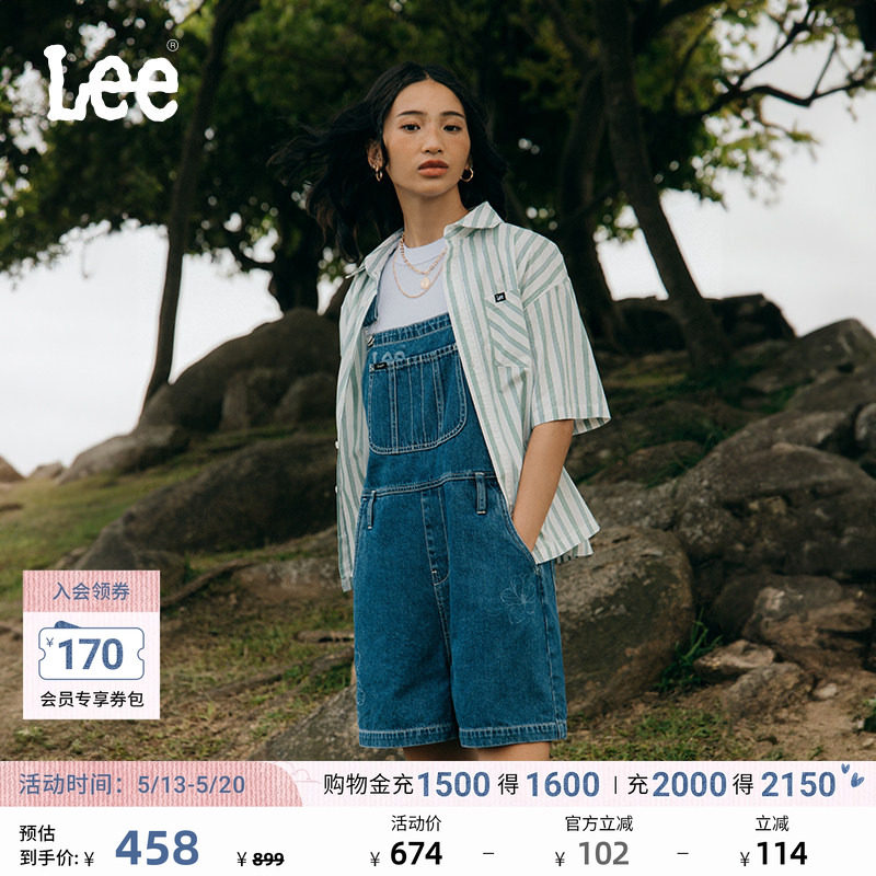 Lee商场同款镭射印花中蓝女背带短裤显瘦休闲潮流LWB24130
