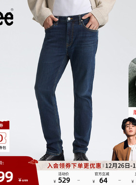 【张凌赫代言】Lee25冬新舒适中腰锥形磨毛深蓝色男保暖牛仔裤潮