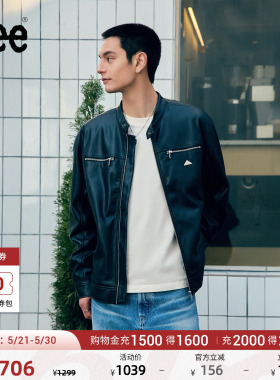 Lee商场同款舒适版立领金属Logo黑色男士PU机车夹克外套休闲潮流