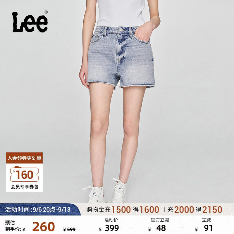 Lee舒适版经典毛边设计天丝浅蓝色水洗女牛仔短裤休闲潮流A08078图片