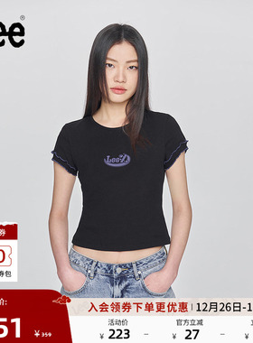 Lee25新品修身版圆领刺绣Logo设计黑色女短袖T恤显瘦LWT009880207