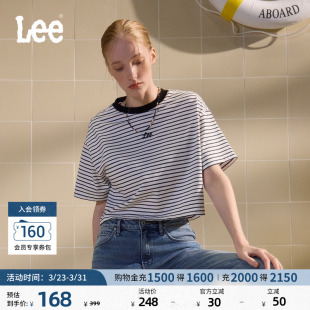 T恤休闲潮 短袖 Lee商场同款 舒适男友风条纹撞色刺绣圆领黑色女短款