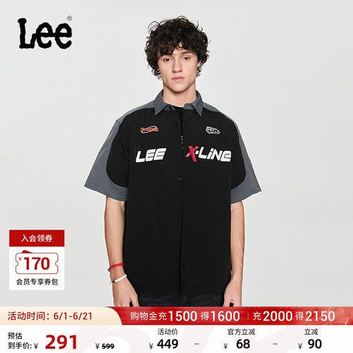 Lee印花设计翻领黑色男短袖衬衫