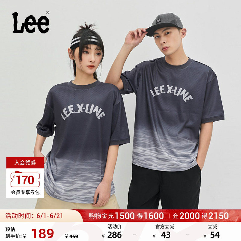 Lee舒适版网眼渐变海蓝色字母印花男女同款短袖T恤休闲潮流A06416