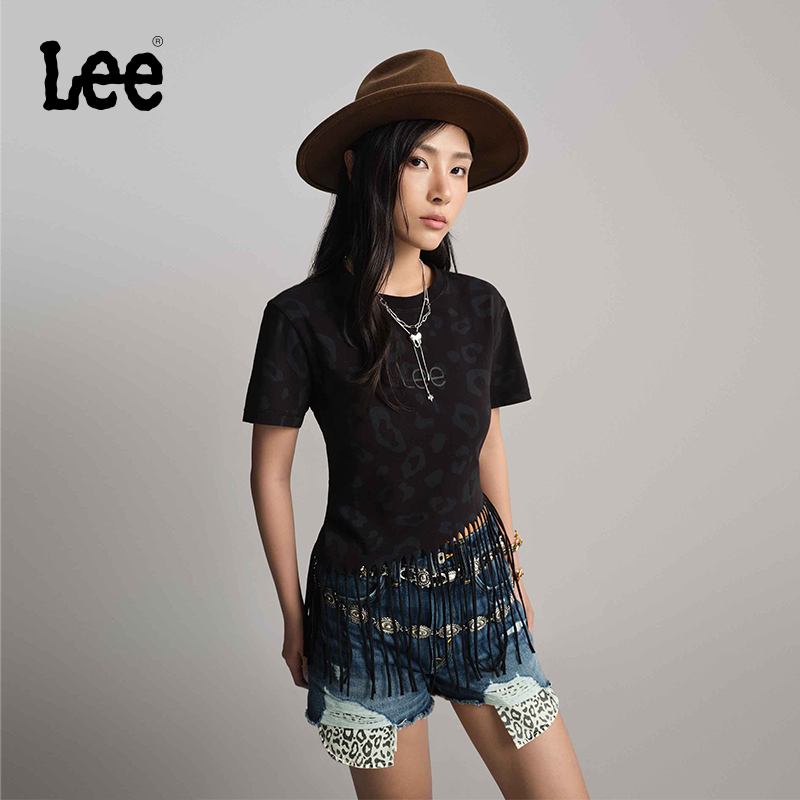 Lee豹纹满印流苏黑色女短袖T恤
