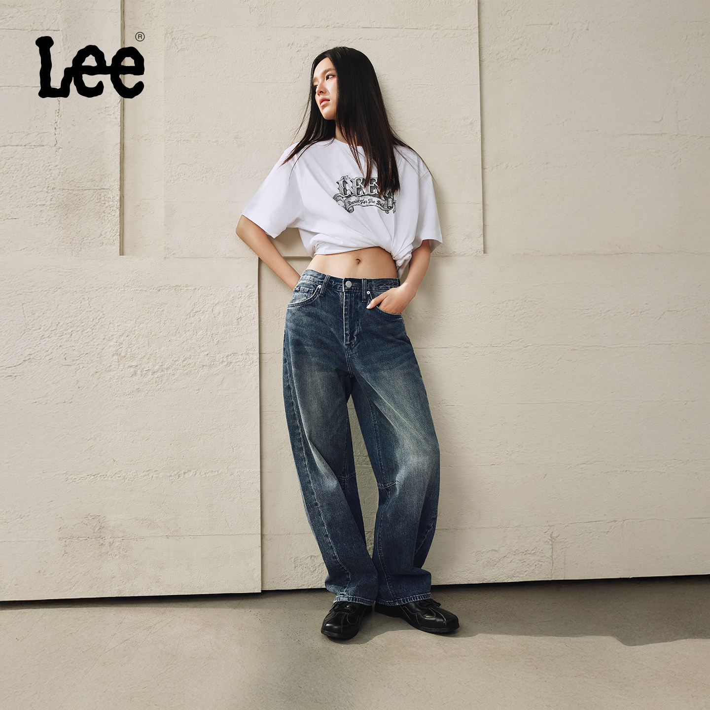 【张凌赫代言】Lee26春夏新品宽松Barrel弯刀牛仔裤深蓝男