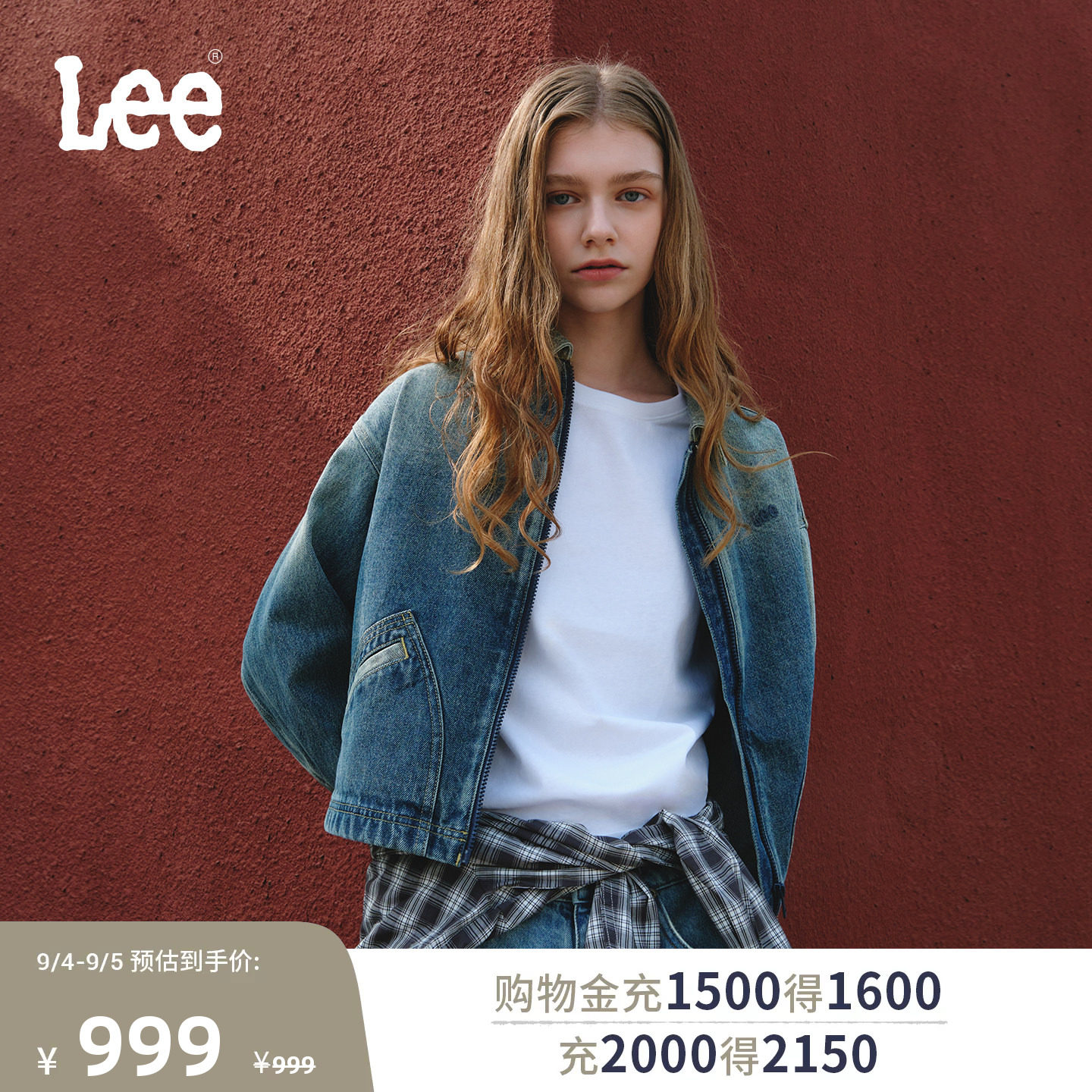 Lee商场同款26秋冬新品舒适版logo翻领设计中蓝色女牛仔夹克外套图片