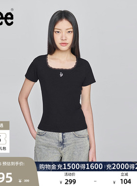Lee商场同款标准版蕾丝方领黑色女短袖T恤休闲LWT009256206