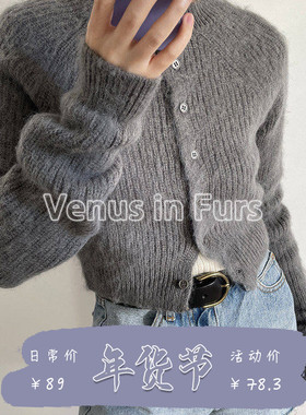 欧美风复古简约纯色短款圆领单排扣修身型长袖针织开衫毛衣外套女