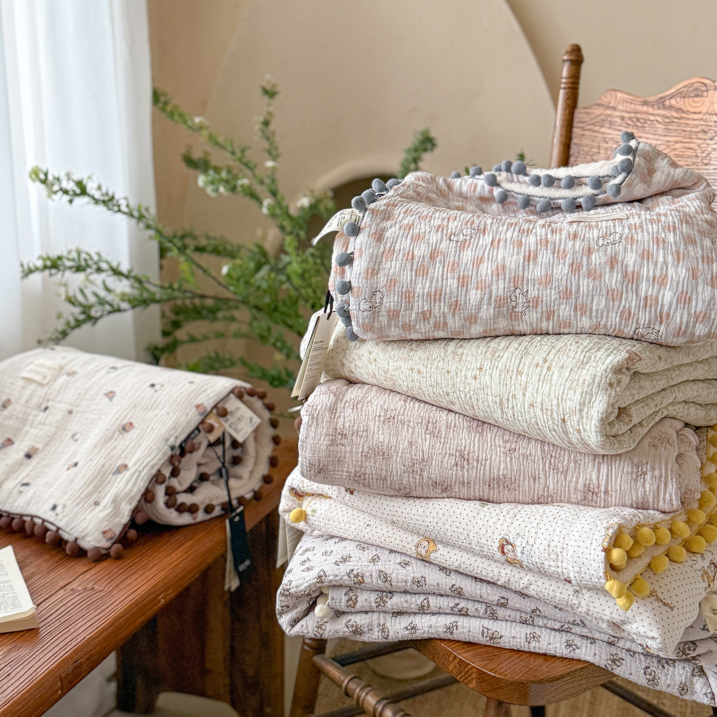 韩系A类星星人儿童毛毯可爱球球纱布纯棉宝宝外出盖毯婴儿推车毯