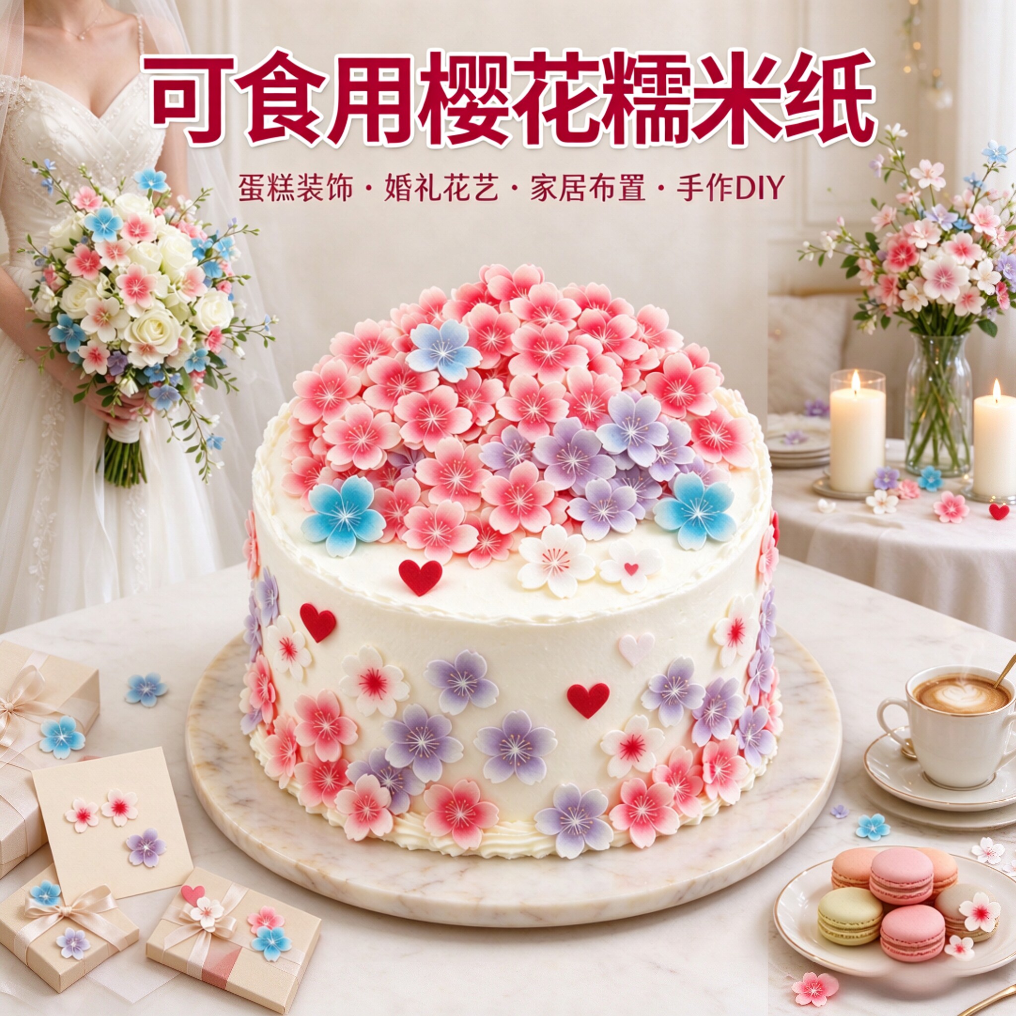可食用樱花糯米纸蛋糕甜品台装饰