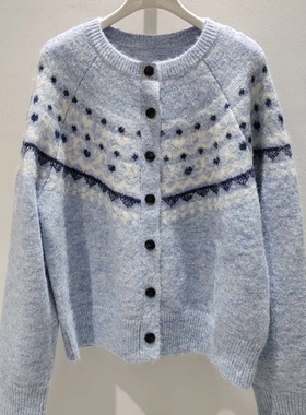 2024冬新款撞色提花蓝色针织开衫女短款费尔岛毛衣外套4GA135532