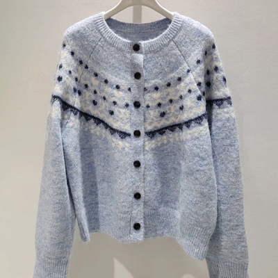 蓝色针织女短款费尔岛毛衣外套
