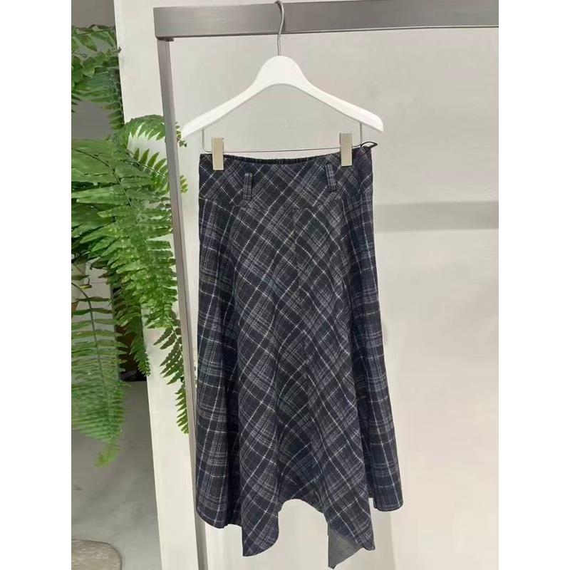 格纹松紧腰半身裙女不规则中长款