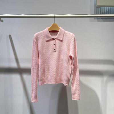 POLO领粉色套头羊绒衫针织毛衣女