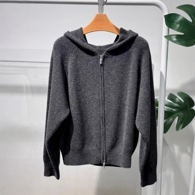 深灰色连帽长袖针织开衫毛衣女