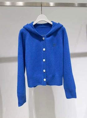 MM麦蓝色连帽针织开衫女纽扣毛衣外套减龄上衣25冬季款4GA133381