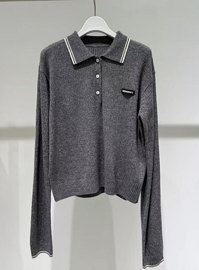 MM麦麦2025冬季新款POLO领灰色长袖针织衫宽松上衣女4GA133181
