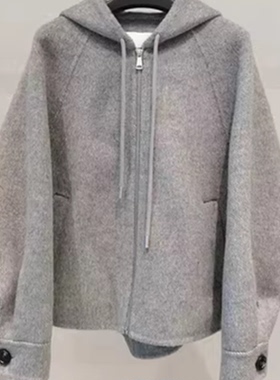 MM麦麦2025秋冬新款休闲减龄双面呢灰色毛呢连帽外套女4FA170571