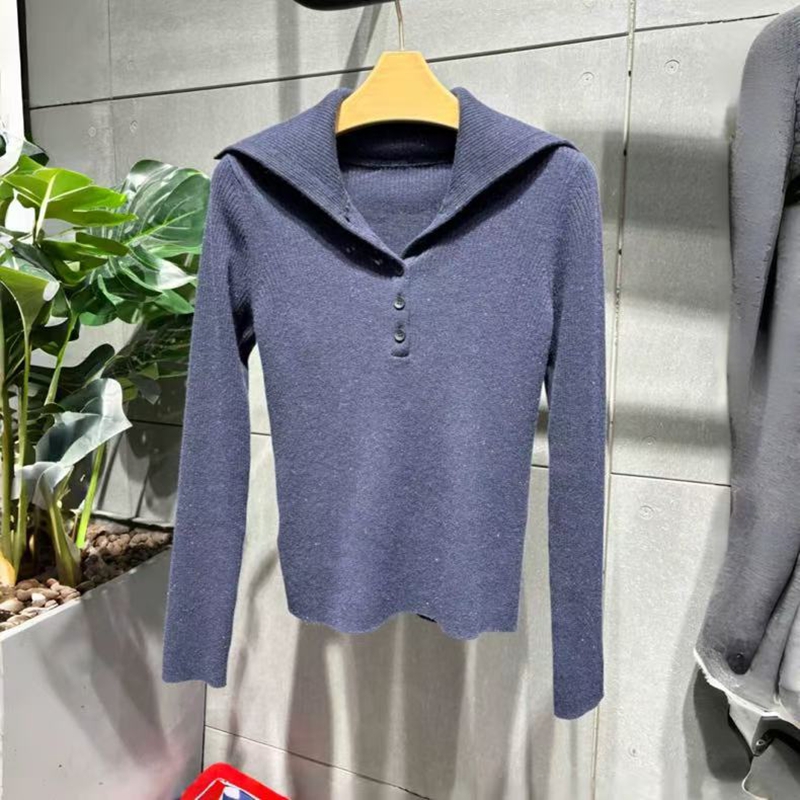 翻领针织衫女长袖显瘦通勤毛衣