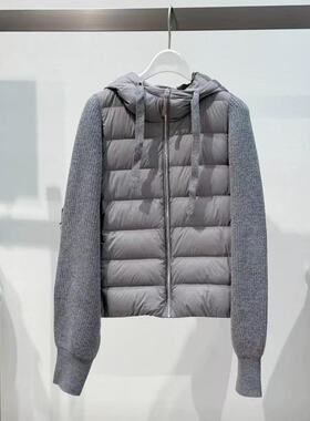 MM麦麦25新针织拼接袖轻羽绒服外套女短款连帽灰色冬季5GA180891