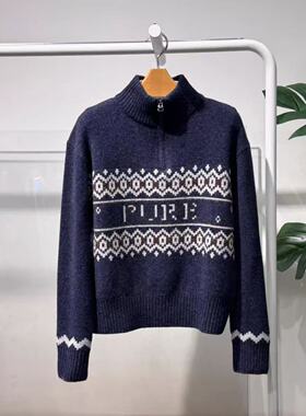 MM麦麦25冬款复古几何风立领半拉链针织衫女藏青色毛衣4GC133811