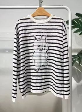 MM麦麦26春季新款黑白条纹卡通圆领亚麻棉针织衫女上衣4H2231171Q