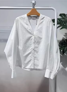 MM麦麦26春季新款休闲风白色纯棉V领衬衫女百搭法式上衣5H3120461