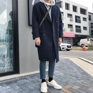 韩版秋冬新款男士毛呢大衣中长款双排扣宽松英伦加厚大码呢子外套