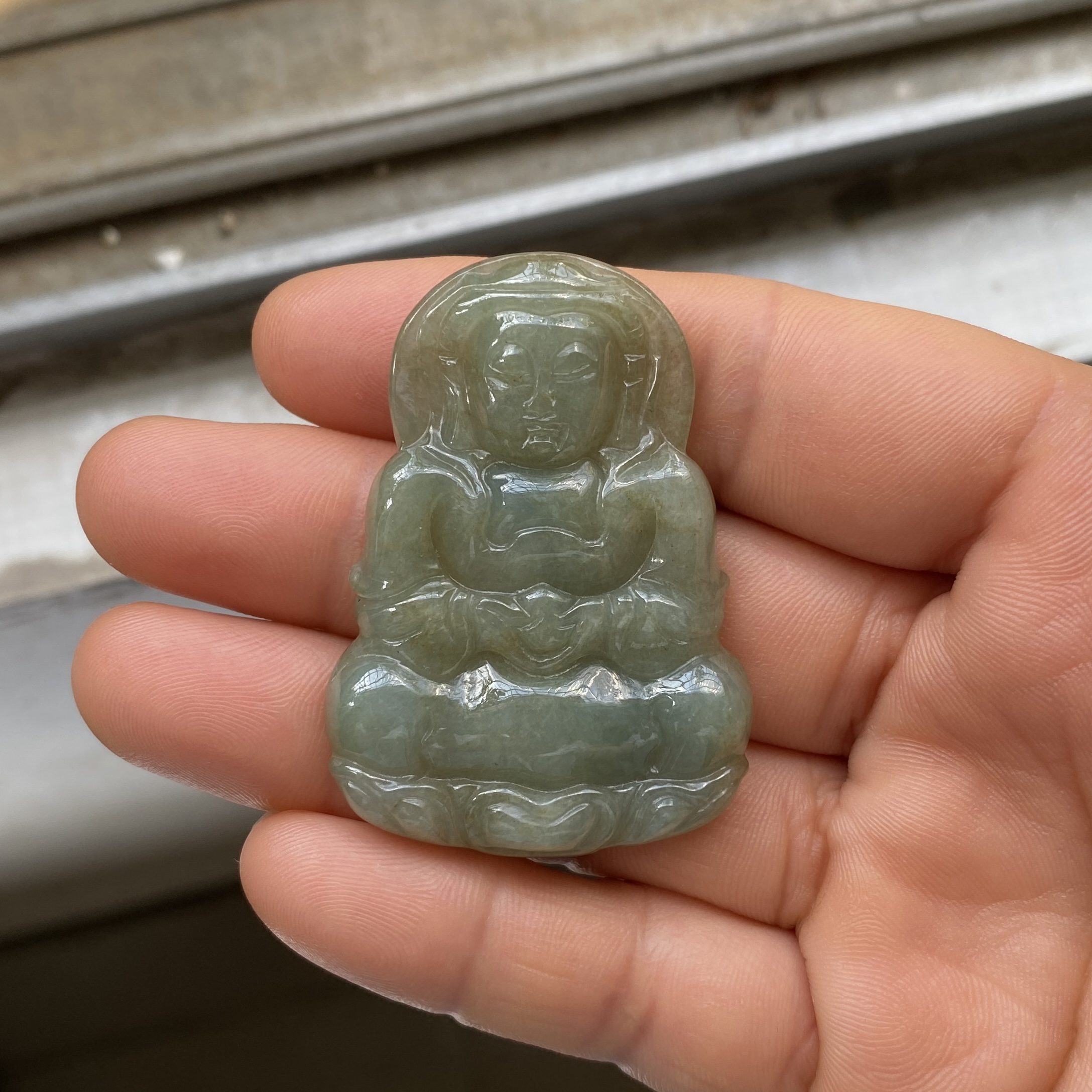 C05天然翡翠玉观音吊坠挂件 缅甸A货冰糯种浅油青绿色 玉石男款