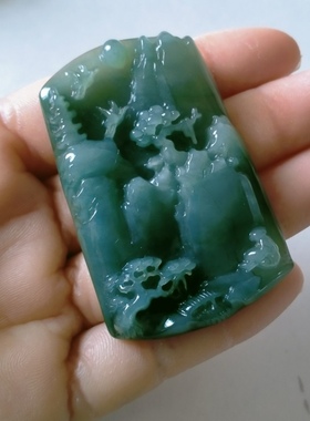 H02天然翡翠玉山水牌吊坠 方牌男款 玉石玉器油青绿色冰种