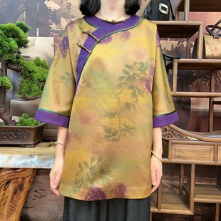 100桑蚕丝香云纱面料缝制中国风 60姆米柠檬黄玫瑰花富婆衫