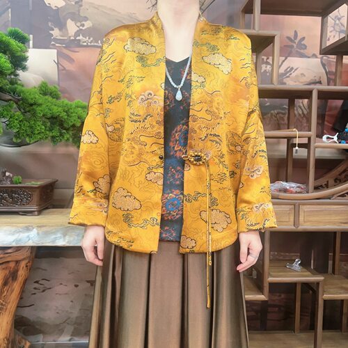 70姆米重缎黄色平步青云披肩100桑蚕丝香云纱面料