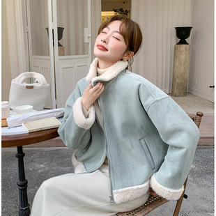 淡蓝色皮毛一体毛绒外套2026新款女冬韩系减龄加厚麂皮绒夹克棉服