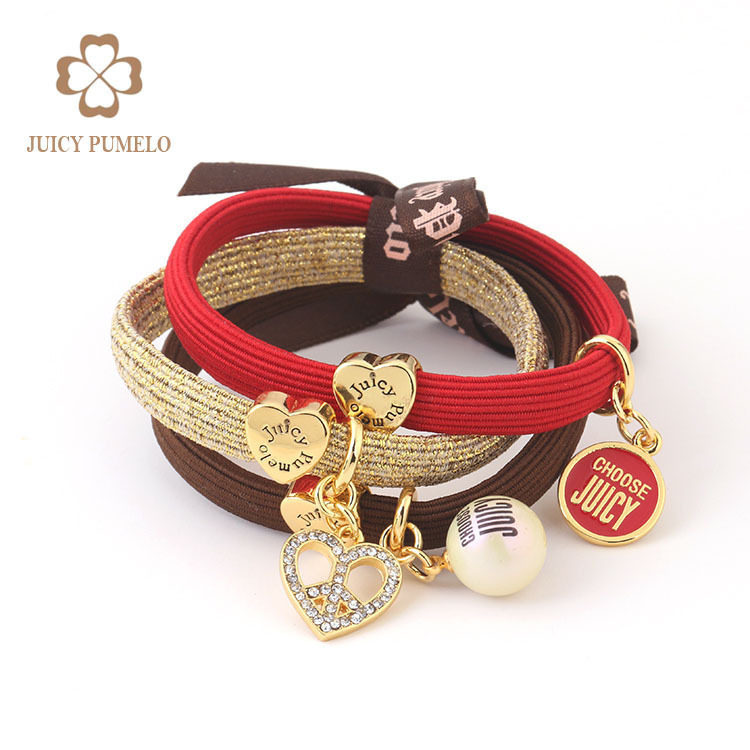 JP圆牌珍珠镶钻镂空爱心挂坠 头绳发圈套装