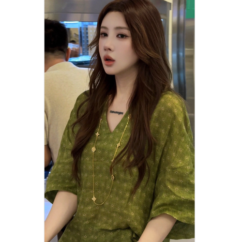 夏季新中式绿色斜襟显瘦上衣女