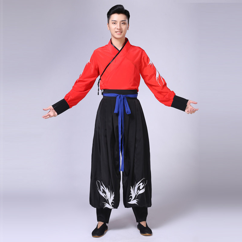 新款中国风武士服装成人男舞龙舞狮队红色打鼓服舞蹈演出服装定制