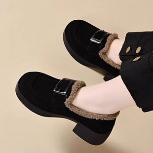 真软皮深口单鞋女2025秋冬新款加绒保暖舒适百搭乐福鞋磨砂皮女鞋