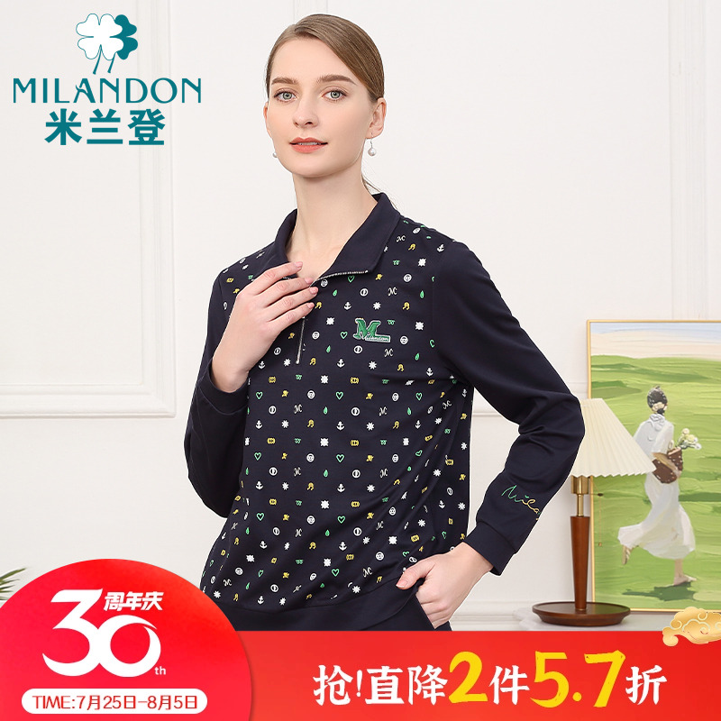 米兰登中老年妈妈装春秋季新款时尚翻领T恤女长袖印花休闲服上衣
