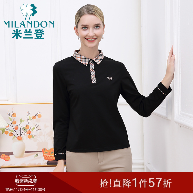 米兰登长袖格纹翻领上衣T恤女