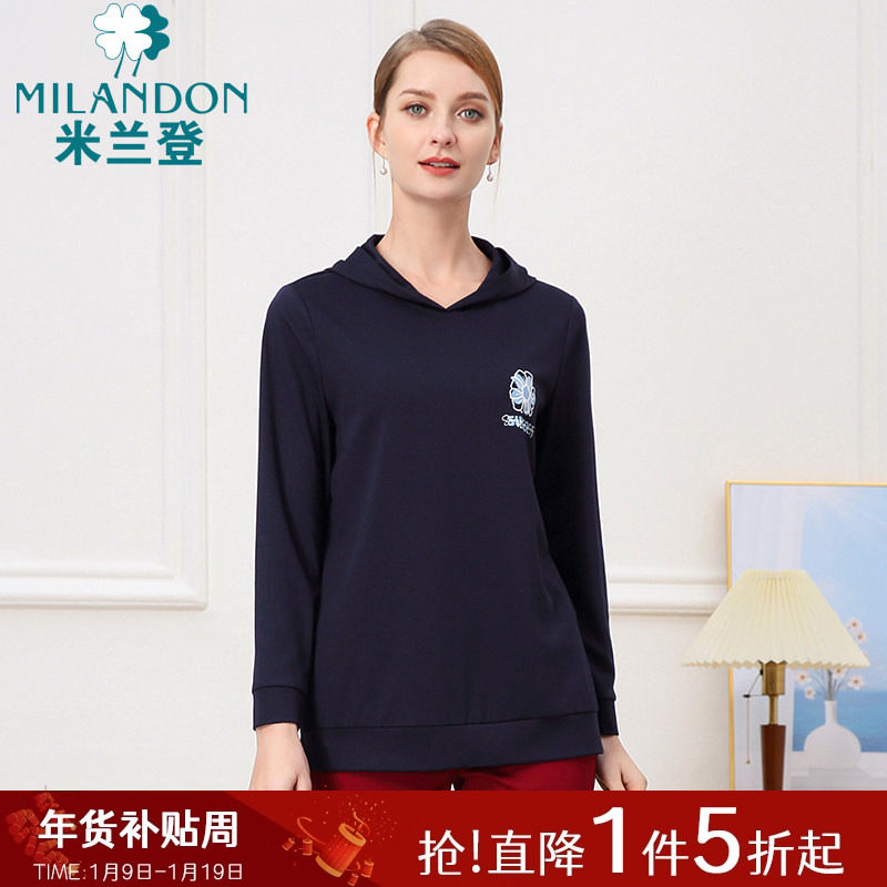 米兰登中老年妈妈装休闲连帽卫衣女春秋季新款长袖套头印花针织衫