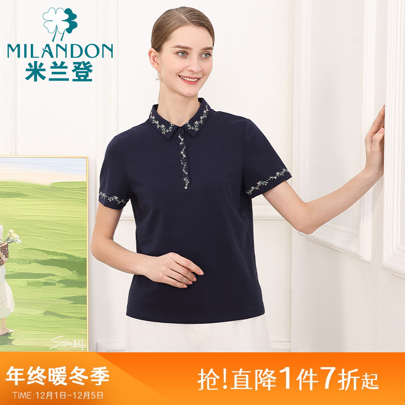 米兰登绣花翻领T恤女短袖纯棉薄