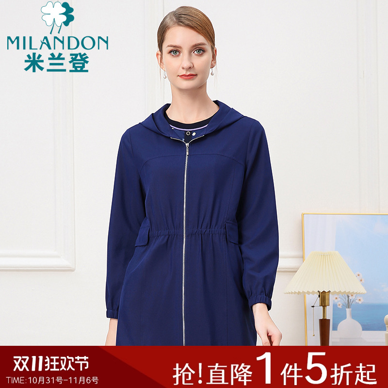 米兰登中老年妈妈装中长款休闲外套春秋季新款时尚连帽大口袋风衣